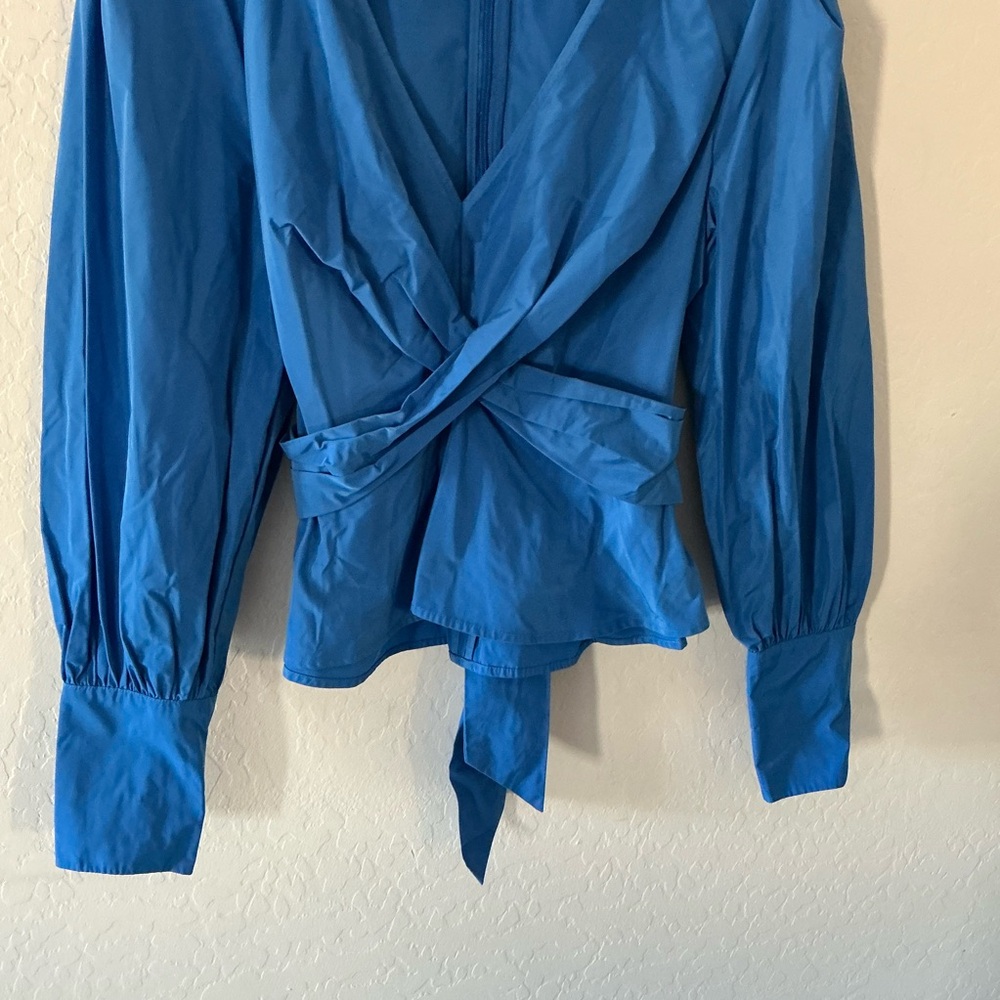 Veronica Beard Seema Wrap-Effect Taffeta Vibrant Blue Blouse Button Cuff Women’s - Picture 5 of 9
